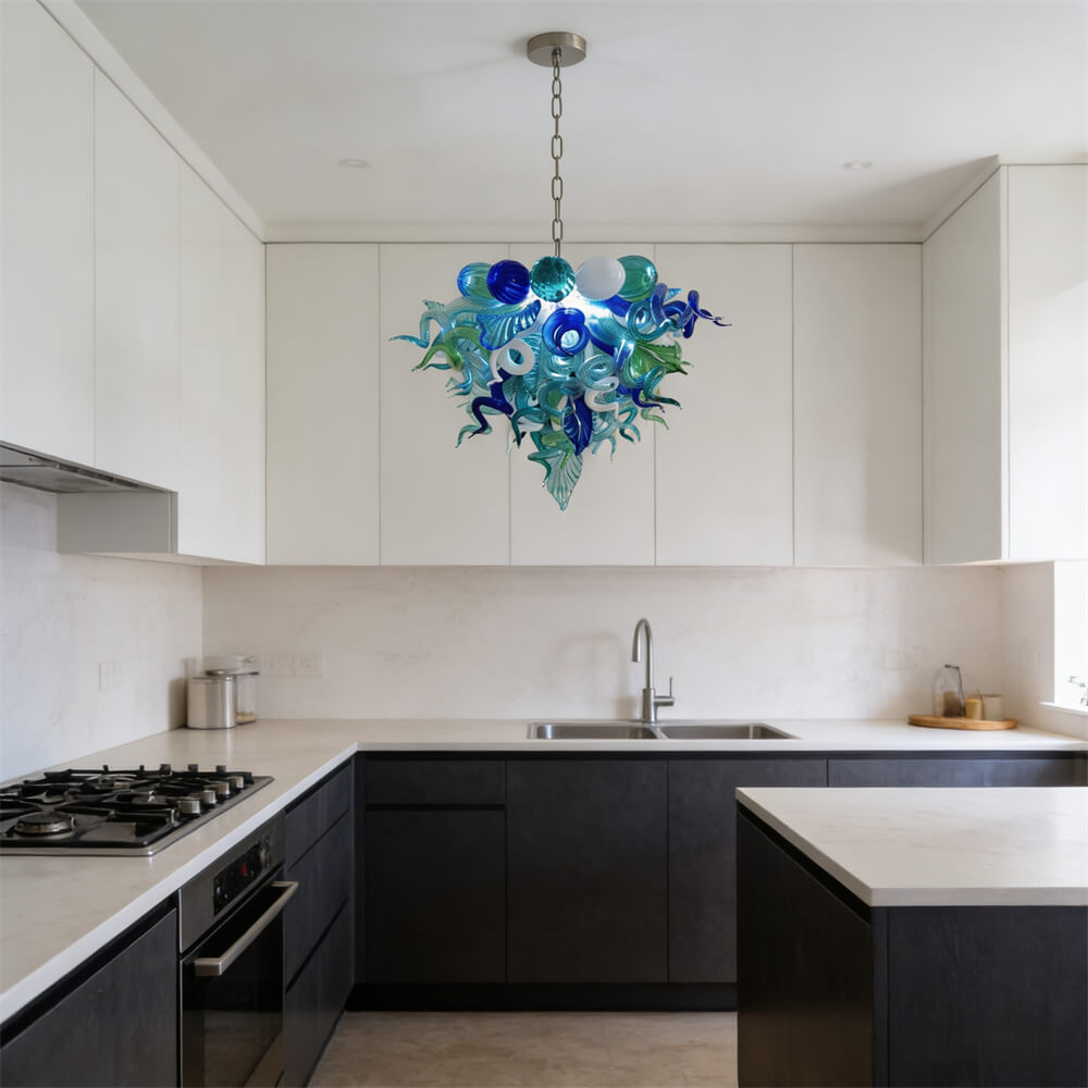 Blue and green blown glass chandelier for dining room