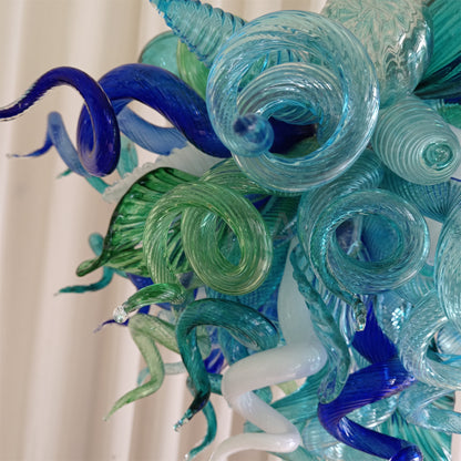 Blue and green blown glass chandelier for dining room