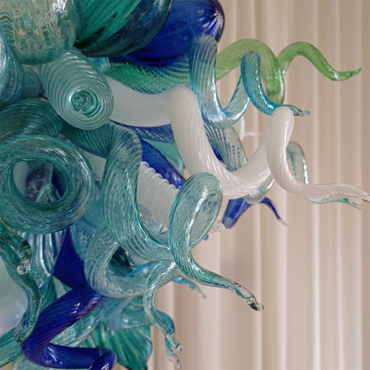Blue and green blown glass chandelier for dining room