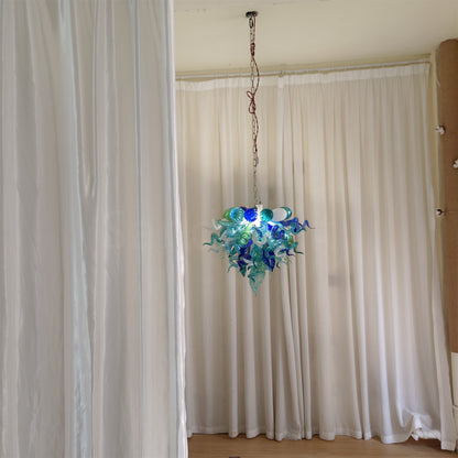 Blue and green blown glass chandelier for dining room