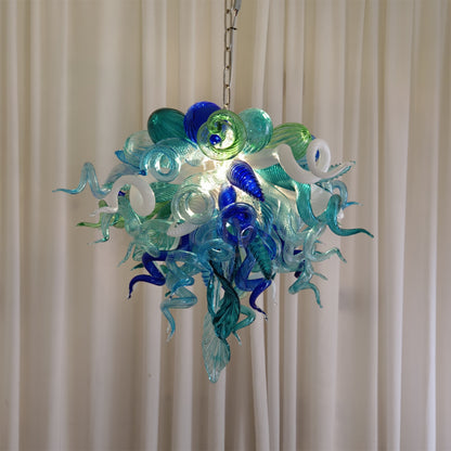 Blue and green blown glass chandelier for dining room