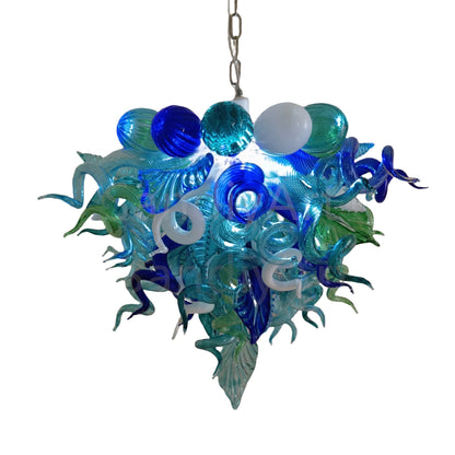 Blue and green blown glass chandelier for dining room