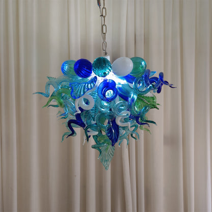 Blue and green blown glass chandelier for dining room