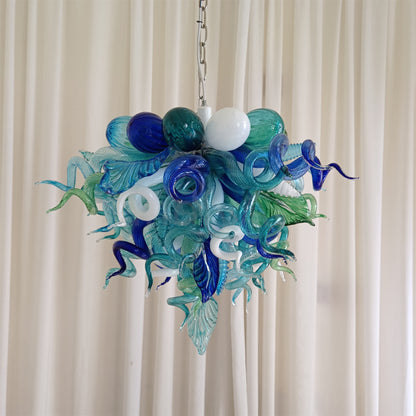 Blue and green blown glass chandelier for dining room