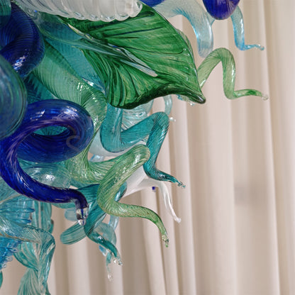 Blue and green blown glass chandelier for dining room