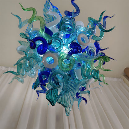 Blue and green blown glass chandelier for dining room