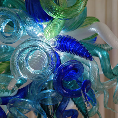 Blue and green blown glass chandelier for dining room