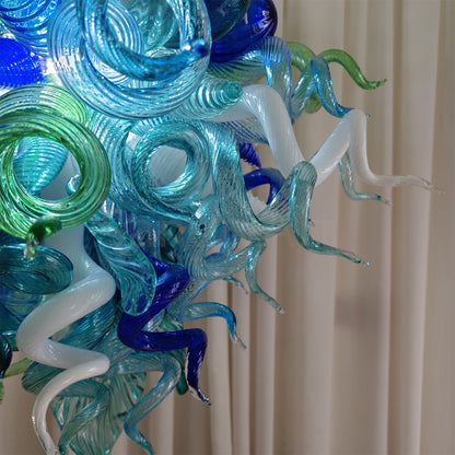 Blue and green blown glass chandelier for dining room