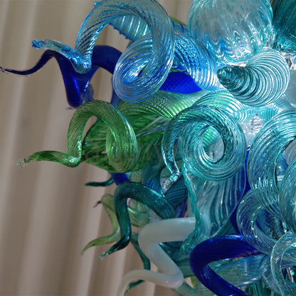 Blue and green blown glass chandelier for dining room