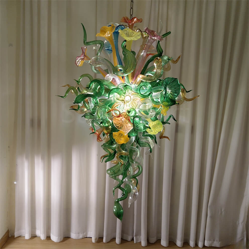 Inspiration from nature Custom glass chandelier with green leaves and red orange pink flowers
