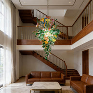 Inspiration from nature Custom glass chandelier with green leaves and red orange pink flowers
