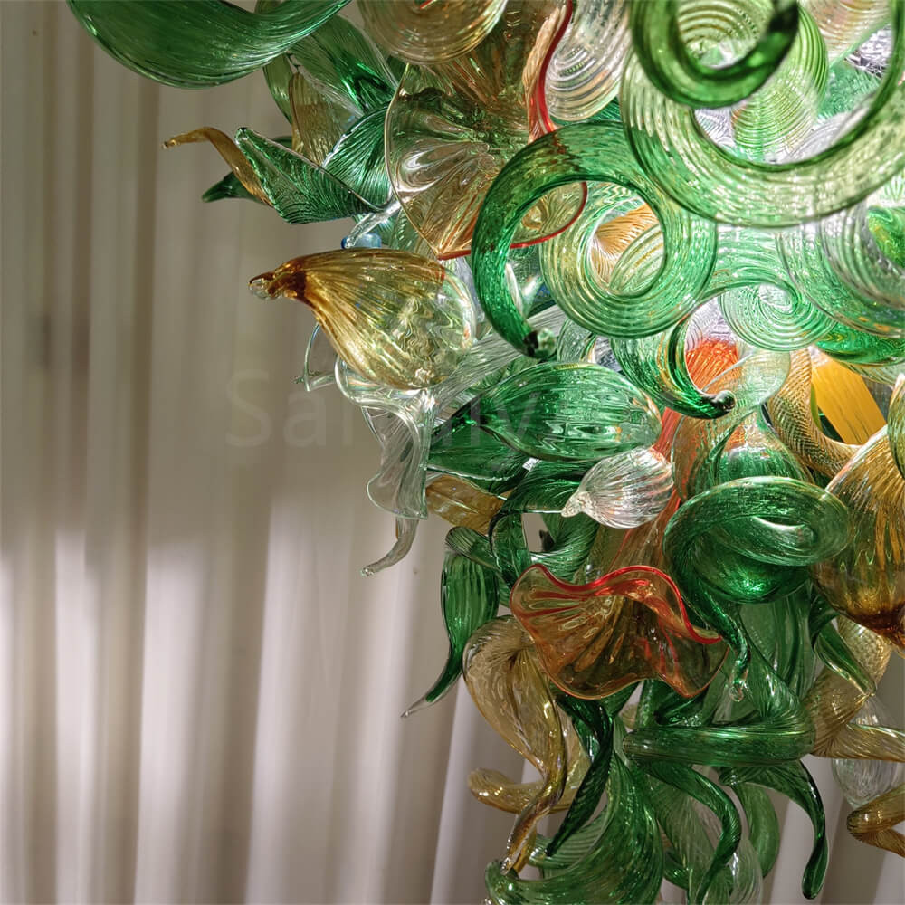 Inspiration from nature Custom glass chandelier with green leaves and red orange pink flowers