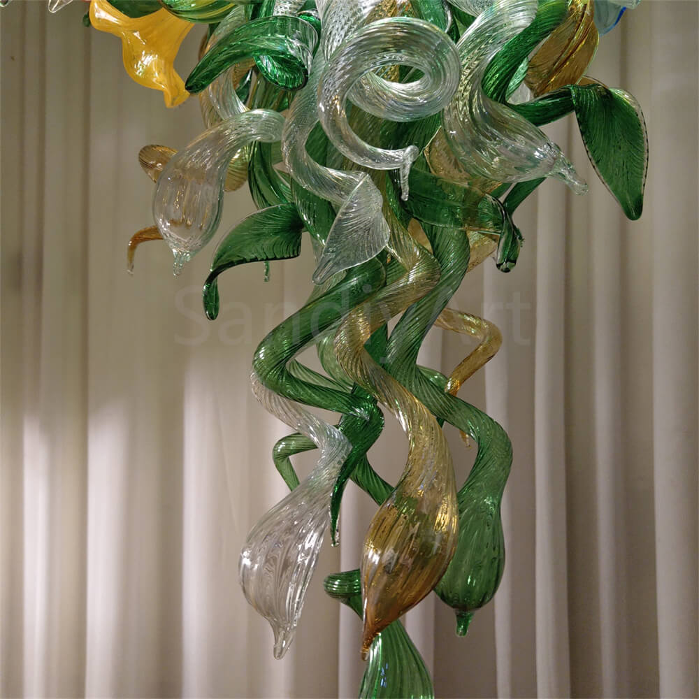 Inspiration from nature Custom glass chandelier with green leaves and red orange pink flowers