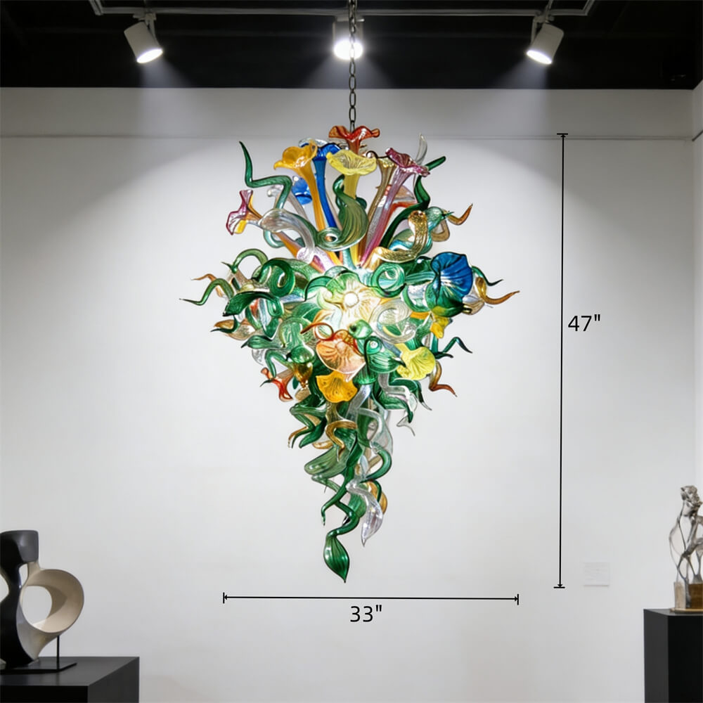 Inspiration from nature Custom glass chandelier with green leaves and red orange pink flowers