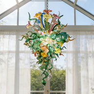 Inspiration from nature Custom glass chandelier with green leaves and red orange pink flowers
