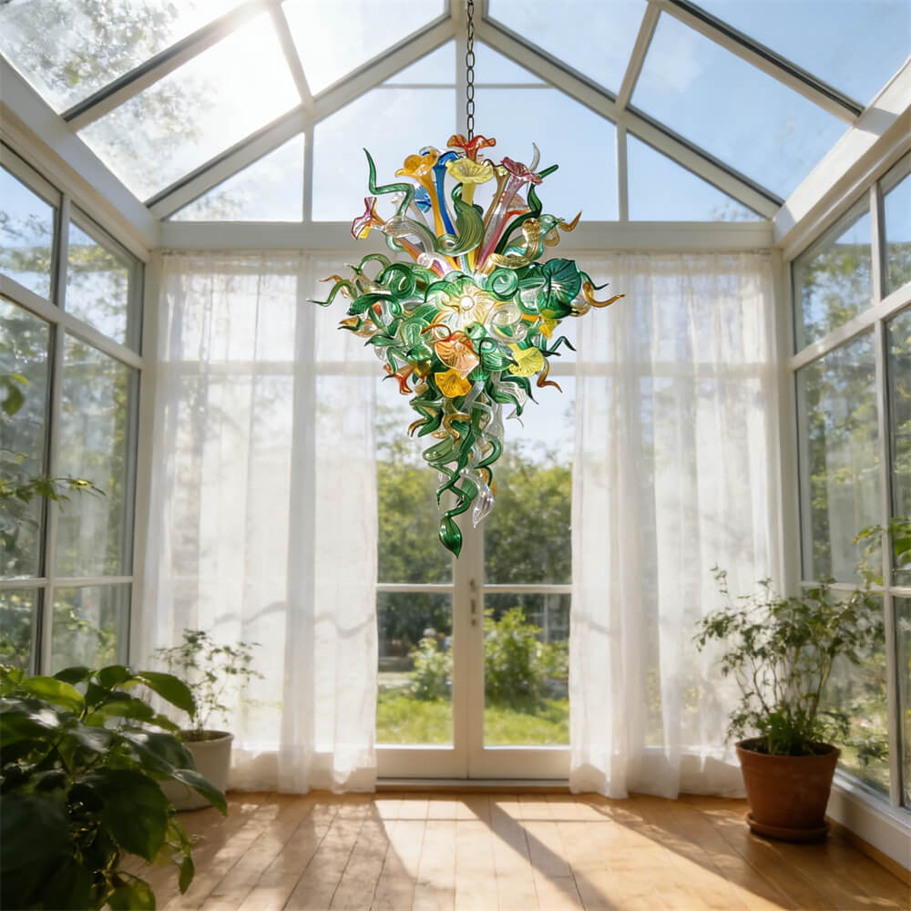 Inspiration from nature Custom glass chandelier with green leaves and red orange pink flowers