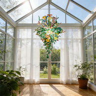 Inspiration from nature Custom glass chandelier with green leaves and red orange pink flowers
