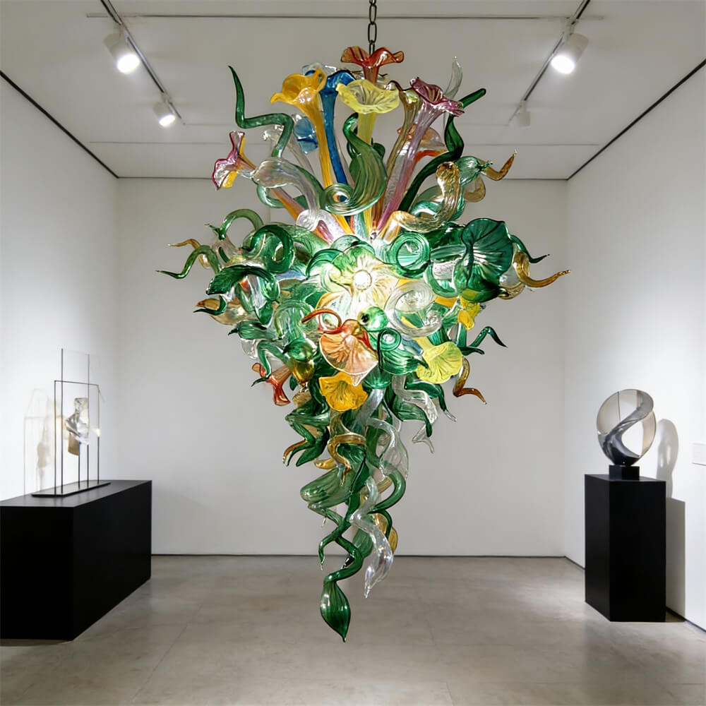 Inspiration from nature Custom glass chandelier with green leaves and red orange pink flowers