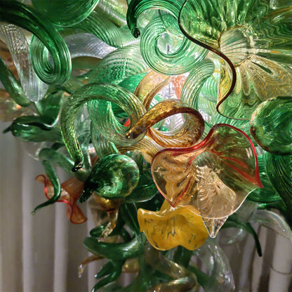 Inspiration from nature Custom glass chandelier with green leaves and red orange pink flowers