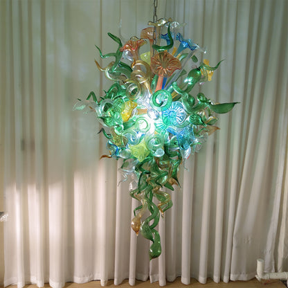 Inspiration from nature Custom glass chandelier with green leaves and red orange pink flowers