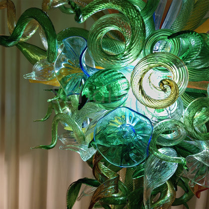 Inspiration from nature Custom glass chandelier with green leaves and red orange pink flowers