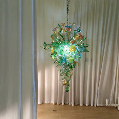 Inspiration from nature Custom glass chandelier with green leaves and red orange pink flowers