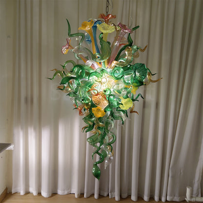 Inspiration from nature Custom glass chandelier with green leaves and red orange pink flowers