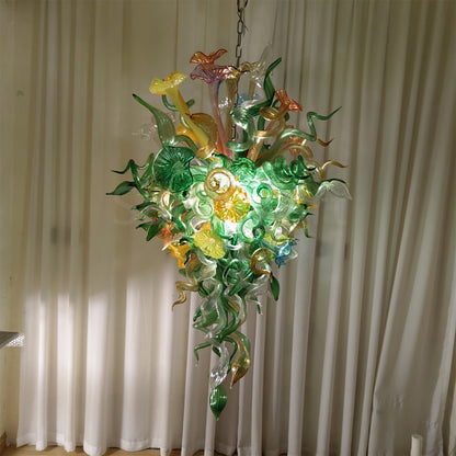 Inspiration from nature Custom glass chandelier with green leaves and red orange pink flowers