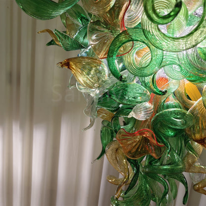Inspiration from nature Custom glass chandelier with green leaves and red orange pink flowers