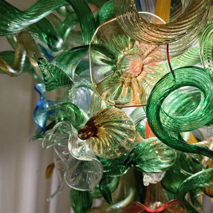 Inspiration from nature Custom glass chandelier with green leaves and red orange pink flowers
