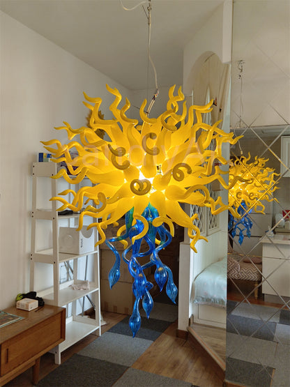 Top yellow and bottom blue color design mouthblown glass chandelier special design