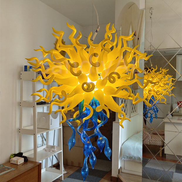 Top yellow and bottom blue color design mouthblown glass chandelier special design