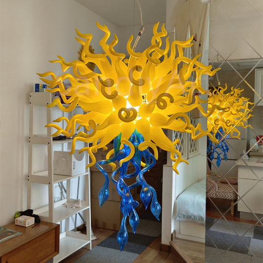 Top yellow and bottom blue color design mouthblown glass chandelier special design
