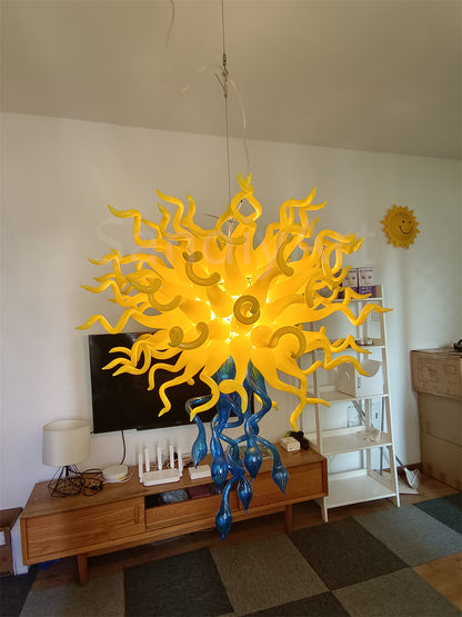 Top yellow and bottom blue color design mouthblown glass chandelier special design