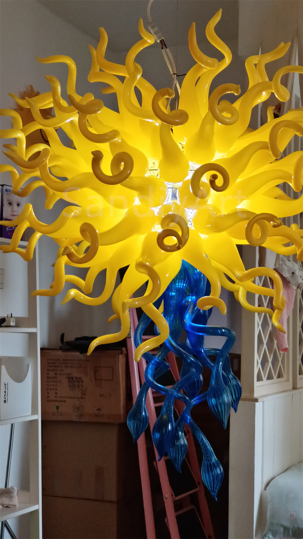 Top yellow and bottom blue color design mouthblown glass chandelier special design