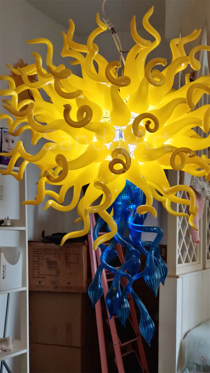 Top yellow and bottom blue color design mouthblown glass chandelier special design