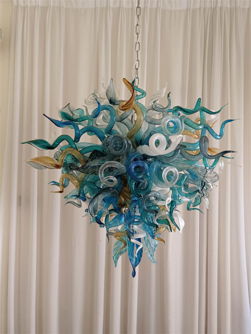 Chihuly style hand made blown glass mixed blue color chandelier ligthing art