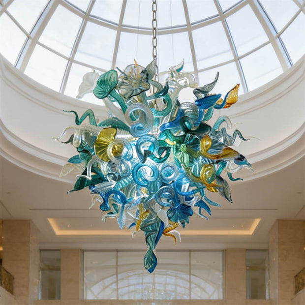 Chihuly style hand made blown glass mixed blue color chandelier ligthing art