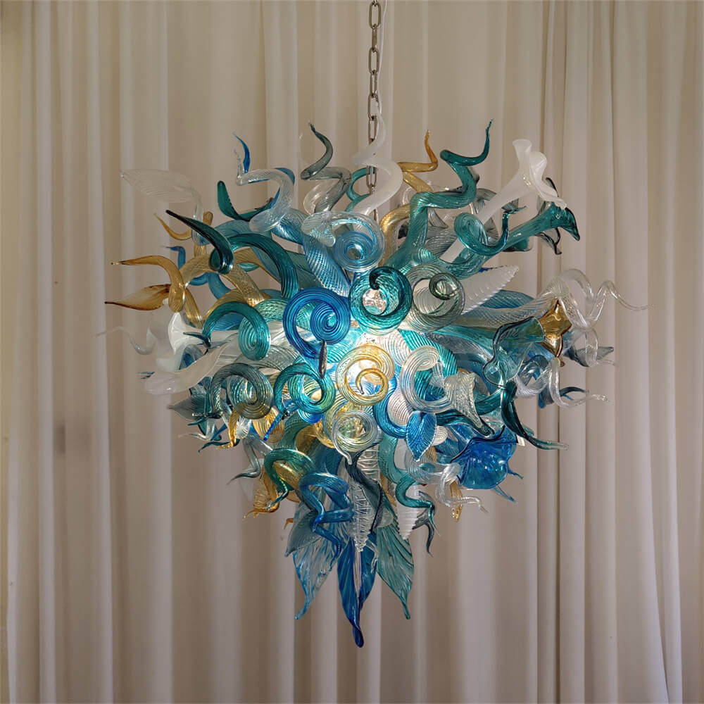 Chihuly style hand made blown glass mixed blue color chandelier ligthing art