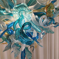 Chihuly style hand made blown glass mixed blue color chandelier ligthing art