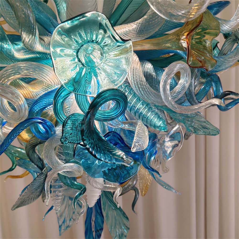 Chihuly style hand made blown glass mixed blue color chandelier ligthing art