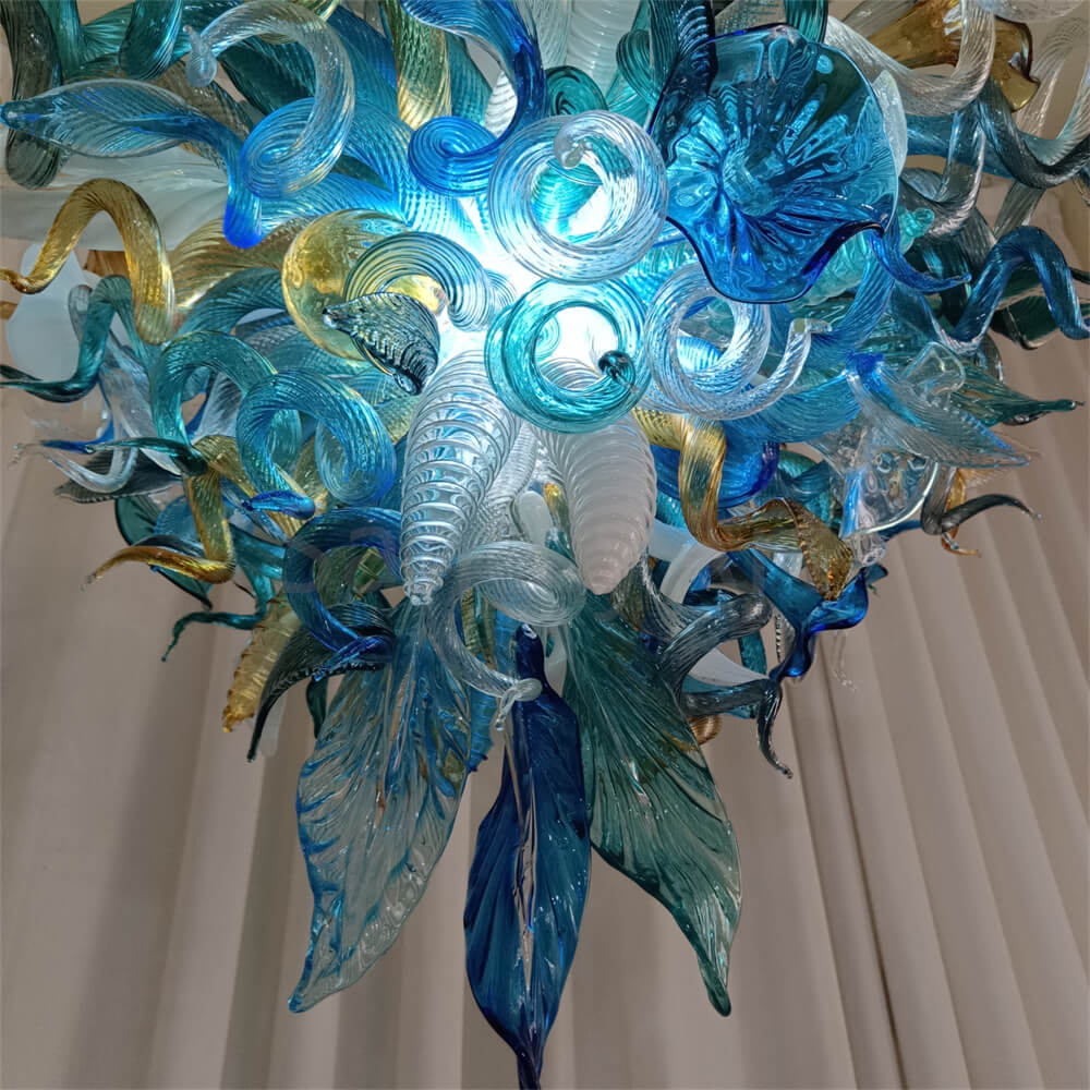 Chihuly style hand made blown glass mixed blue color chandelier ligthing art
