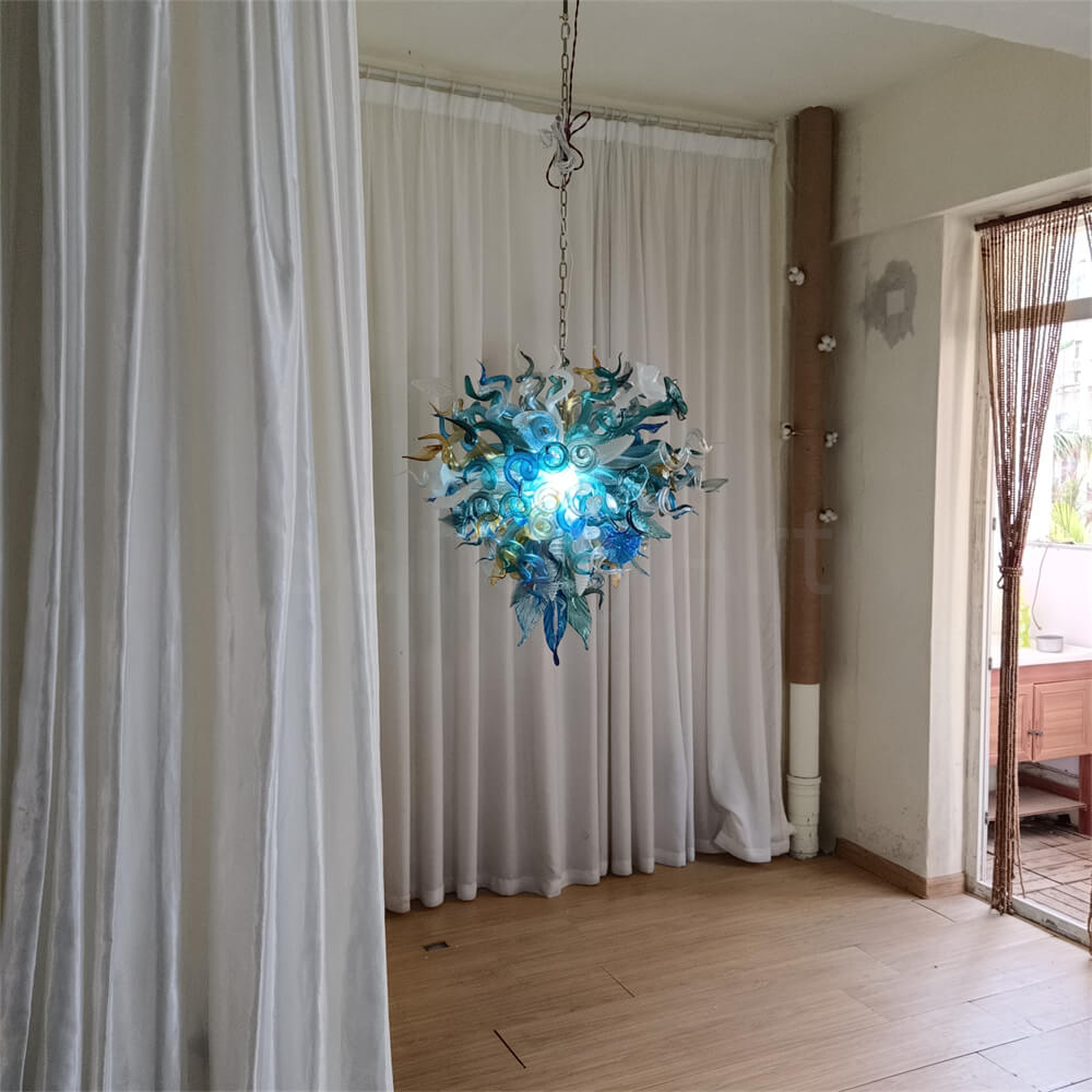 Chihuly style hand made blown glass mixed blue color chandelier ligthing art