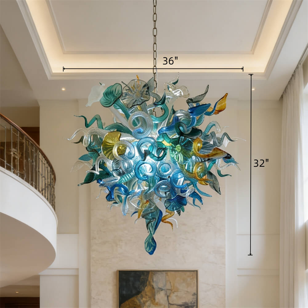 Chihuly style hand made blown glass mixed blue color chandelier ligthing art