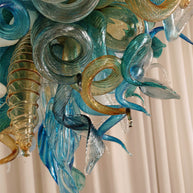 Chihuly style hand made blown glass mixed blue color chandelier ligthing art