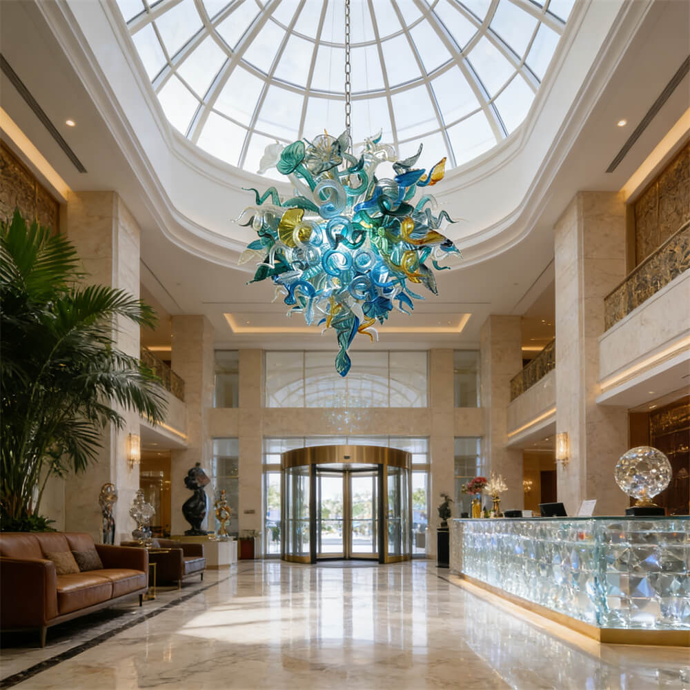 Chihuly style hand made blown glass mixed blue color chandelier ligthing art