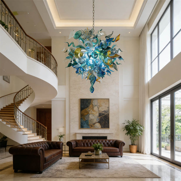 Chihuly style hand made blown glass mixed blue color chandelier ligthing art