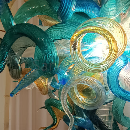 Chihuly style hand made blown glass mixed blue color chandelier ligthing art
