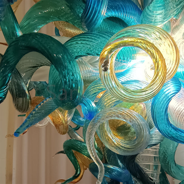 Chihuly style hand made blown glass mixed blue color chandelier ligthing art