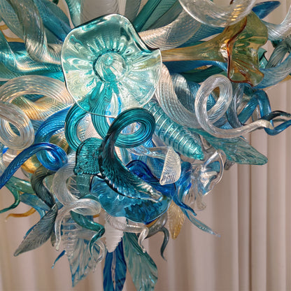 Chihuly style hand made blown glass mixed blue color chandelier ligthing art